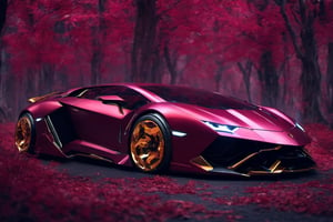 lamborghini, futuristic, concept car, cyborg style,cyberpunk style,  maroon color with golden wheels, surrounded by trees