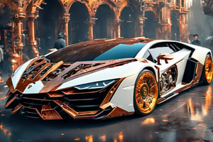 lamborghini, cyborg style,steampunk style, white color body, golden color wheels, futuristic,DonMCyb3rN3cr0XL 