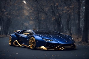 lamborghini, futuristic, concept car, cyborg style,cyberpunk style,  dark blue color with golden wheels, surrounded by trees