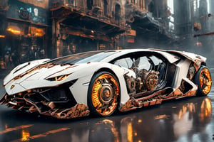 lamborghini, cyborg style,steampunk style, white color body, golden color wheels, futuristic,DonMCyb3rN3cr0XL 