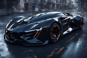 concept sports car, futuristic, black color,cyborg style, luminous lines,
