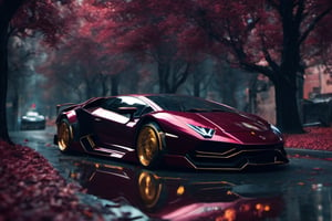 lamborghini, futuristic, cyborg style,cyberpunk style, surrounded by trees, dark maroon color, glossy, gold color wheels