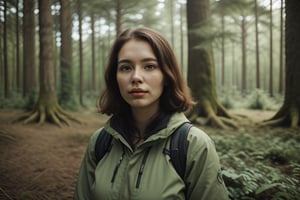 portrait of a women explorer in the forest, surrounded by nature and trees,