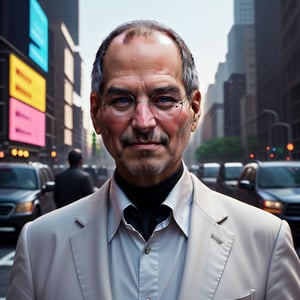 Portrait, Steve Jobs in white suit in the new york city in 3D with very vivid colors and high saturation,  fantasy,day,Leonardo,hackedtech