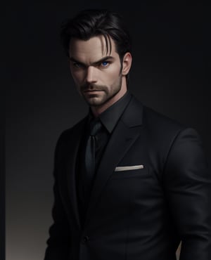 40yo german man, (skinny:1.3), slender, wearing a black suit, (shot from near), depth of field,  (gorgeous:1.2),  detailed face,  dark theme,  night,  soothing tones,  dark colors,  high contrast,  (natural skin texture,  soft light,  sharp), (acne:0.3),  (messy hair:0.1),  Ultra detailed, best possible quality, messing with tie, Daniel gillies, white skin, traditional art, ((art by Alex Ross)), blue eyed, ((daddy vibes))