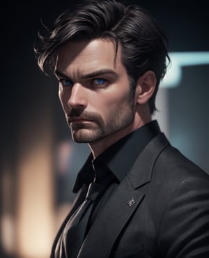 40yo german man, (skinny:1.3), wearing a black suit, (shot from near), depth of field,  (gorgeous:1.2),  detailed face,  dark theme,  night,  soothing tones,  dark colors,  high contrast,  (natural skin texture,  soft light,  sharp), (acne:0.3),  (messy hair:0.1),  Ultra detailed, best possible quality, messing with tie, Daniel gillies, white skin, traditional art, ((art by Alex Ross)), blue eyed, ((daddy vibes))