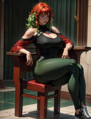 girl, green hair, ((red dyed bangs)), shoulder length hair, amber eyes, black top, white footwear, large breasts, thighs, cleavage, closed mouth,looking down, looking at self, cap, academia outfit, leggings, sweating, seat, detailed eyes, curly hair