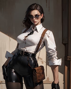 masterpiece, best quality, highres, sunglasses, eyewear on head, harness, shoulder cutout, white shirt, collared shirt, long sleeves, sleeves, gloves, black shorts, thigh strap, pantyhose, , standing, cowboy shot, unbuttoned shirt, medium breasts, bra peek