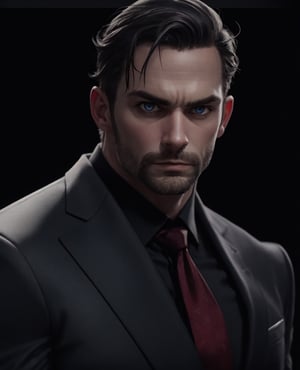 40yo german man, (skinny:1.3), wearing a black suit, (shot from near), depth of field,  (gorgeous:1.2),  detailed face,  dark theme,  night,  soothing tones,  dark colors,  high contrast,  (natural skin texture,  soft light,  sharp), (acne:0.3),  (messy hair:0.1),  Ultra detailed, best possible quality, messing with tie, Daniel gillies, white skin, traditional art, ((art by Alex Ross)), blue eyed, ((daddy vibes))