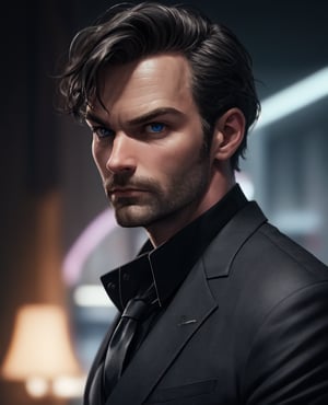 40yo german man, (skinny:1.3), wearing a black suit, (shot from near), depth of field,  (gorgeous:1.2),  detailed face,  dark theme,  night,  soothing tones,  dark colors,  high contrast,  (natural skin texture,  soft light,  sharp), (acne:0.3),  (messy hair:0.1),  Ultra detailed, best possible quality, messing with tie, Daniel gillies, white skin, traditional art, ((art by Alex Ross)), blue eyed, ((daddy vibes))