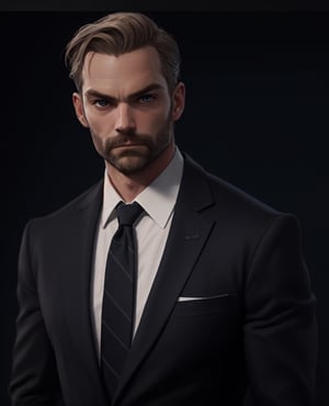 40yo german man, (skinny:1.3), wearing a black suit, (shot from near), depth of field,  (gorgeous:1.2),  detailed face,  dark theme,  night,  soothing tones,  dark colors,  high contrast,  (natural skin texture,  soft light,  sharp), (acne:0.3),  (messy hair:0.1),  Ultra detailed, best possible quality, messing with tie, Daniel gillies, white skin, traditional art, ((art by Alex Ross)), blue eyed, ((daddy vibes))