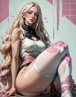 Solo girl, pink socks,  loose clothes,  sitting, curvy body, crossed legs,  flat color,  official art,  beautiful and aesthetic,  masterpiece,  takato yamamoto,  ashley wood, focus feet,  long curly hair,  pink | blonde hair,  two-tone hair,  heart-shaped pupils,   monochrome,  black slime on body,  30 yo,  milf, academia leggings, detailed face, best draw face