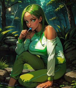 1girl, Narrow Hips, Round Face, Tanned Skin, Green Hair, Green Eyes, [[Curved Nose]], Thin Lips, Round Chin, Shoulder-Length Hair, Straight hair, firm breasts, Drop earrings, piercings, Balancing on hands and knees with spine parallel to the ground, Babbling brook in a park, detailed pupils, high quality, absurdres, night, candles, squating, tracksuit, lolipop on mouth