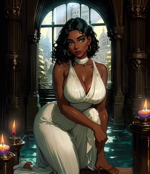 1girl, Gal, Tall, Narrow Hips, Round Face, Dark Skin, Black Hair, Green Eyes, [[Curved Nose]], Thin Lips, Round Chin, Shoulder-Length Hair, Curly Hair, Wavy Layered Bob, firm breasts, Drop earrings, gloss matte lipstick, Balancing on hands and knees with spine parallel to the ground, Babbling brook in a opera house, detailed pupils, high quality, absurdres, night, candles