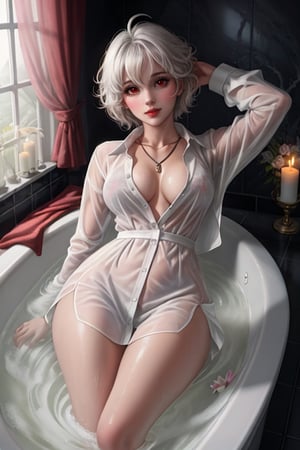 sexy British goddess, on back, bathtub, bathing, seducing smile, (thighs), symmetrica, necklace, very short white hair, (pretty red eyes), pale, messy hair, (((medium breasts))), masterpiece, High Quality, Best Quality, hyper detailed, 40 years old, milf, curvy, plushy body, collarbone, water, partially_submerged, tiles, bangs, shirt, ahoge, lying, eyebrows_visible_through_hair, see-through, partially_unbuttoned, bathtub, closed_mouth, long_sleeves, mole, bathing, tile_floor, white_shirt, bath, wet_shirt, collared_shirt, thighs, dress_shirt, antenna_hair, arm_up, hose, bikini, mole_under_eye, unbuttoned, coat, night, night light, candles, flowers, dark room, 