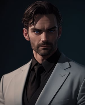 40yo german man, (skinny:1.3), wearing a black suit, (shot from near), depth of field,  (gorgeous:1.2),  detailed face,  dark theme,  night,  soothing tones,  dark colors,  high contrast,  (natural skin texture,  soft light,  sharp), (acne:0.3),  (messy hair:0.1),  Ultra detailed, best possible quality, messing with tie, Daniel gillies, white skin, traditional art, ((art by Alex Ross)), blue eyed, ((daddy vibes))