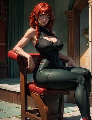 girl, green hair, ((red dyed bangs)), shoulder length hair, amber eyes, black top, white footwear, large breasts, thighs, cleavage, closed mouth,looking down, looking at self, cap, academia outfit, leggings, sweating, seat, detailed eyes, curly hair