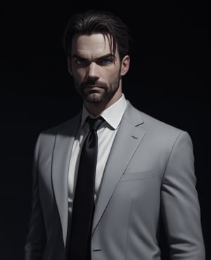 40yo german man, (skinny:1.3), wearing a black suit, (shot from near), depth of field,  (gorgeous:1.2),  detailed face,  dark theme,  night,  soothing tones,  dark colors,  high contrast,  (natural skin texture,  soft light,  sharp), (acne:0.3),  (messy hair:0.1),  Ultra detailed, best possible quality, messing with tie, Daniel gillies, white skin, traditional art, ((art by Alex Ross)), blue eyed, ((daddy vibes))