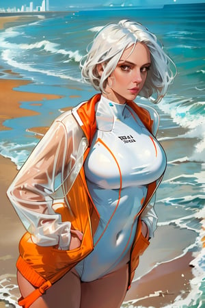 1girl, Gal, Tall, Narrow Hips, Round Face, White Hair, [[Curved Nose]], Thin Lips, Round Chin, Wavy Layered Bob, firm breasts, detailed pupils, high quality, absurdres, long straight hair

white swimsuit, white one-piece swimsuit, orange jacket, long sleeves, beach, frown, hands in pockets, standing, beach, blue swimsuit 