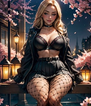 masterpiece,perspective,1girl looking_at_viewer blush blonde_long_hair medium_breasts curvy (blue_eyes:0.8), seat, naughty face, pleated skirt with belt,black skirt,track black jacket,multiple_bracelets,(fishnet:1.3) pantyhose,thigh straps,choker,thick thighs, black_bra,(squeeze own breast:1.3), Private gardeN,cherry blossoms,(buildings:0.8), blurry backgroud,(seductive_smile:1.2), 8k_uhd intricate_details complicated_background, Night, LamP lights
