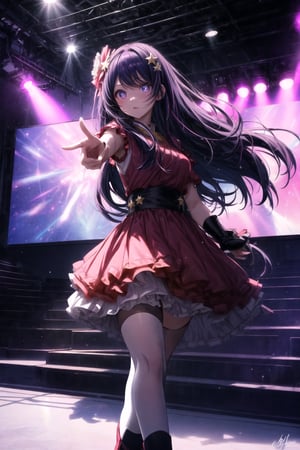 Produce a visually striking and detailed image of AI, one of the central characters from 'Oshi no Ko.' AI should be depicted in her idol persona, radiating charisma and confidence. Her appearance should be faithful to the manga's description, with her distinctive hairstyle and signature outfit, capturing the essence of her character. The background should be dynamic, possibly resembling a concert stage, with vibrant lighting that emphasizes AI's star quality. The image should convey a sense of her stage presence, hinting at the mix of vulnerability and determination that defines her character in the story