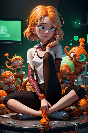 "Generate a sad and miserable scene of an adult woman character sitting alone in a chemical lab. The character is surrounded by various monsters. Capture the pure curiosity and intelligence of this moment in a sophisticated illustration.",DonMG414 ,chibi,renaissance_alchemist_studio,blurry_light_background,gwen stacy