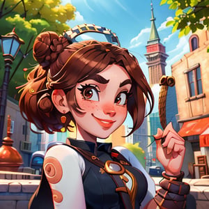 highly detailed, high quality, masterpiece, beautiful, 1girl, IncrsDisasterGirlMeme:, smile, outdoors, | ,office | brown hair, twin bun hairstyle,SF2 CHUN ,PinchingPOV,pov,bagpipeqr,IncrsXLRanni