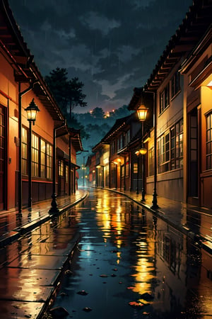 As rain falls like strands of silk, it gently caresses the quaint cobblestone paths of the ancient town. Each droplet, as delicate as a whisper, kisses the age-worn stones, evoking a gentle rhythm that resonates through the tranquil streets. The old town, with its timeworn facades and rustic charm, seems to come alive under the tender touch of the rain. The water trails create shimmering veins on the cobblestones, reflecting the muted glow of lanterns that line the path. The scene is a blend of timelessness and ephemeral beauty, where every raindrop tells tales of yore amidst a setting that whispers of history and serenity. The soft patter of rain intermingles with the distant echoes of the town’s past, painting a picturesque scene of tranquility and nostalgia.
