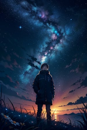 Under a starry sky, standing in the boundless grassland, gazing upwards at a brilliant sea of stars, each star twinkling like a little dream in this endless night sky, focus on the character's uplifted face awash in starlight, atmosphere imbued with a sense of limitless potential and dreams, subject and the night sky