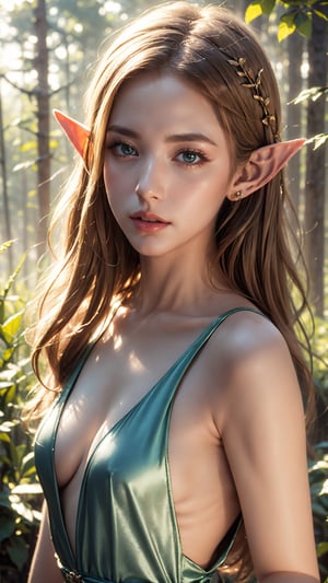 Masterpiece, top quality, realistic, low key, ID photo, portrait of one is face, soft light, original photo, horizon studio, no windows, white background, only face, very detailed faces, lens 50mm F1.2, elf, elf girl, 1girl, light blue classical dress, 23 years old, 180cm, thin waist, slim body, waist length long curly hair, very long hair, brown hair, green eyes, small breasts, detailed skin, pores, white background, forest_elf, GdClth.,forest_elf
