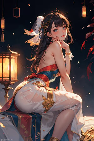 The art depicts a charming woman dressed in a flowing, silky traditional oriental transparent dress, decorated with intricate patterns and bright colors. Showing small round ass, Her dress drapes elegantly over her curvy figure, accentuating her seductive silhouette. She stood gracefully in the quiet moonlit night, bathed in the soft glow of the moonlight. The scene exudes an ethereal and dreamy atmosphere, with a touch of mystery and sexiness. The graphic style blends watercolor and digital illustration techniques to evoke a refined beauty and charm. The lights are filled with soft moonlight, casting soft highlights and shadows on her charming features. Bare thighs, three-dimensional facial features, sitting, clear eyes, topless, 

