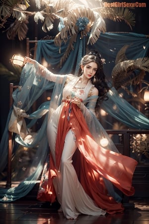 The art depicts a charming woman dressed in a flowing,  oriental transparent dress, decorated with sexy patterns and bright colors. Showing small round ass, Her transparent dress drapes elegantly over her curvy figure, accentuating her seductive silhouette. She stood gracefully in the quiet moonlit night, bathed in the soft glow of the moonlight. The scene exudes an ethereal and dreamy atmosphere, with a touch of mystery and sexiness. The graphic style blends watercolor and digital illustration techniques to evoke a refined beauty and charm. The lights are filled with soft moonlight, casting soft highlights and shadows on her charming features. Bare buttocks, three-dimensional facial features, lying on bed, clear eyes, topless, nipples visible,full body,