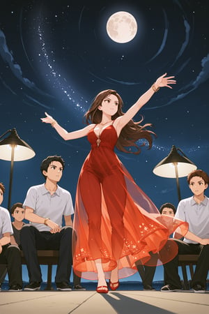  a masterpiece, stunning detail, an action shot, low angle, (top quality)), ((masterpiece)), a long hair girl, transparent long red dress, dance tango with a man, lamps, brown hair, shirt, black hair, 1boy, cleavage, jewelry, sitting, hetero, multiple boys, pants, looking at another, bracelet, transparent dress, ,outdoors, full moon, strong wind, outdoors, full body, starry sky, at sea,,outdoors,