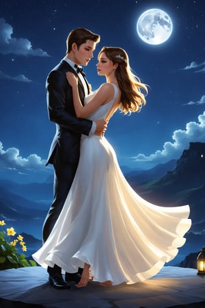 A woman in a flowing, transparent long white dress, her ethereal form illuminated by the soft glow of moonlight, dances a sensual tango with a suave gentleman. The couple's silhouettes are set against a dark, star-filled night sky, the drama and passion of their dance captured in a single, hauntingly beautiful frame. nsfw