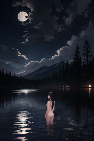 moon, 1girl, night, full moon, tree, sky, 1boy, mountain, water, outdoors, partially submerged, black hair, night sky, scenery, star (sky), mixed bathing, long hair, nature (自然主义), moonlight, lake, hetero, cloud, nude, starry sky