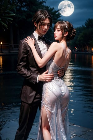 a girl in transparent dress dance tango with a man at parklake in the moonlight.,better_hands