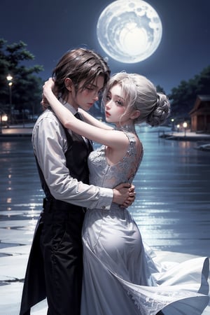 a girl in transparent white dress dance tango with a man at parklake in the moonlight.,better_hands,boichi manga style,hands,sonyeeun,yuzuha_0112