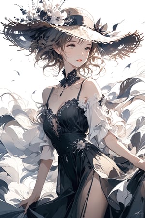 a woman in a black and white dress and hat, a character portrait by Yang J, trending on cg society, digital art, digital art of an elegant, wearing black dress and hat, exquisite digital illustration, elegant digital painting, black and white colors, with straw hat, elegant and graceful, mysterious glamour, elegant woman,full body