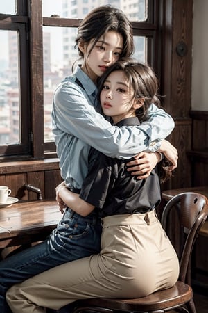 top-quality　​masterpiece　Male and female couples　Girl sitting on a chair wearing a tight skirt over a blouse。Boys hugging each other from behind。Boys wearing high school long pants uniforms with mash cut hairstyles。Without glasses、Revenge relationship, hot kids, sexy girl, big breasts, hot boys