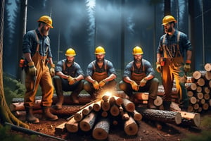 group of lumberjacks working at night,  in the forest,  very detaild face,  Photographic cinematic super super high detailed super realistic image,  4k HDR high quality image,  masterpiece ((highly detailed image)), 