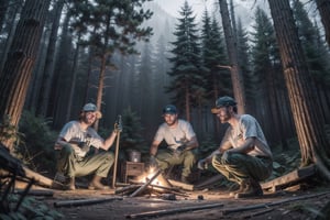 group of lumberjacks working at night, in the forest, very detaild face, Photographic cinematic super super high detailed super realistic image, 4k HDR high quality image, masterpiece ((highly detailed image))