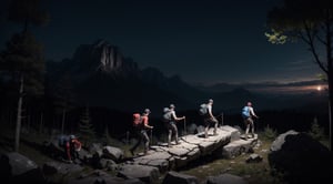 
Four men are heading to the top of a haunted mountain on a dark night. One of them stumbles on a rock and falls to the ground. His friends help him and continue climbing. Design a scary mountain and moving men. High quality.