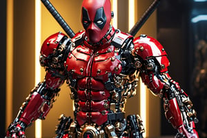 Angry Deadpool  mecha robo soldier character, anthropomorphic figure, wearing futuristic mecha soldier armor and weapons, reflection mapping, realistic figure, hyperdetailed, cinematic lighting photography, 32k uhd with a golden staff, red lighting on suit, 

By: panchovilla,mecha