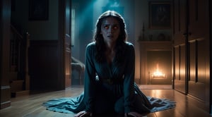 In a horror movie scene, a terrifying and possessed woman with glowing eyes is on the verge of standing on her feet after lying on the ground inside a house. Despite her eerie presence, an unsettling calmness is apparent on her face, intensifying the suspense. Standing beside her is a sorcerer, watching her with a mysterious gaze, adding to the overall sense of dread and fear.