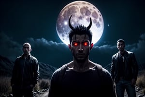 normal four men in a mountainous area, encounter a demon, the men are facing the demon, They look terrified as the full moon shines behind them, the demon that is floating in the air and has glowing eyes. The image is high quality and cinematic.