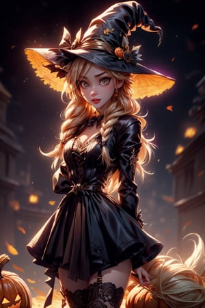 masterpiece, best quality, incrshlwn, witch hat, halloween, halloween costume, night sky, cowboy shot, dress, thighhighs, IncrsAhri, braid, fox tail, multiple tails,horror,realhands