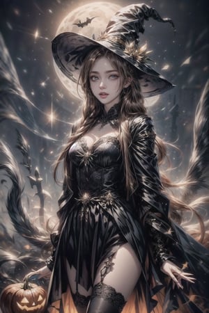 masterpiece, best quality, incrshlwn, witch hat, halloween, halloween costume, night sky, cowboy shot, dress, thighhighs, IncrsAhri, braid, fox tail, multiple tails,horror,realhands