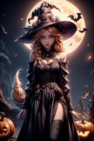 masterpiece, best quality, incrshlwn, witch hat, halloween, halloween costume, night sky, cowboy shot, dress, thighhighs, IncrsAhri, braid, fox tail, multiple tails,horror,realhands