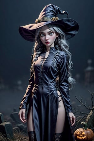 masterpiece, best quality, incrshlwn, witch hat, halloween, halloween costume, night sky, cowboy shot, dress, thighhighs, IncrsAhri, braid, fox tail, multiple tails,horror,realhands