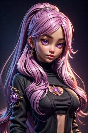 3dmm style,(masterpiece, top quality, best quality, official art, beautiful and aesthetic:1.2), (fractal art:1.3), 1girl, beautiful, high detailed, purple hair with a hint of pink, pink eyes, dark lighting, serious face, looking the sky, sky, medium shot, black sweater, jewelry,High detailed 